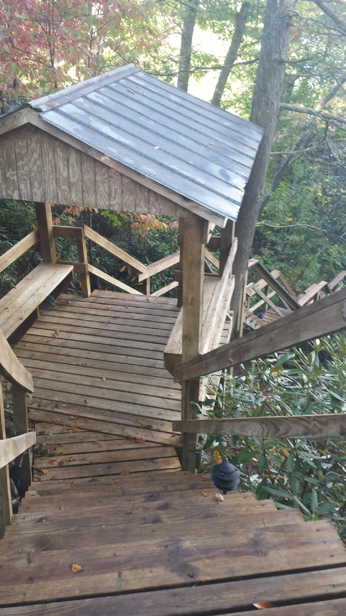 Metal roofed shelter over wooden steps on a wooded walkway — Skylight Repair & Installation work by our crew in Croghan